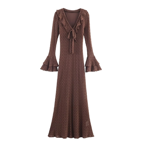 Vestido Maxi de Punto Calado Vintage Elegante Cuello en V con Volantes y Manga Acampanada Color Sólido para Mujer