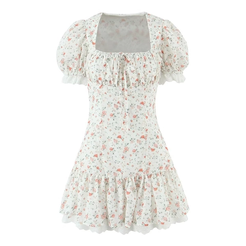 Franse Stijl Bloemen Mini Jurk Vierkante Hals Pofmouwen Kant Splicing A-Lijn Korte Jurk Voor Vrouwen Elegant Zomer Outfit