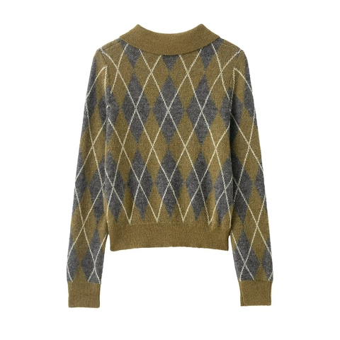 Pull Polo en Tricot Argyle Rétro pour Femmes Manches Longues Bouton Devant Col Rabattu Pullover Automne Hiver Style Preppy