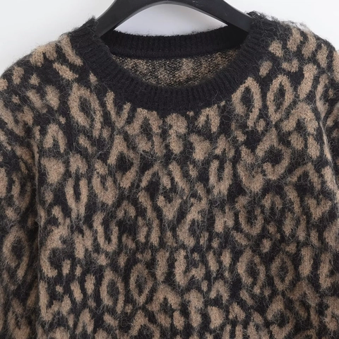 Pull en Maille Léopard pour Femmes Décontracté Manches Longues Col Rond Pullover Streetwear Haut en Tricot