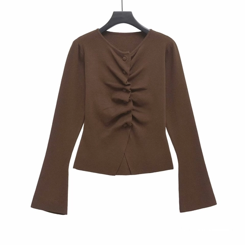 Women's Slim Fit Ruched Knit Cardigan Round Neck Long Flare Sleeve Button Down Sweater Casual Solid Color Brown Top