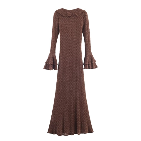 Vestido Maxi de Punto Calado Vintage Elegante Cuello en V con Volantes y Manga Acampanada Color Sólido para Mujer