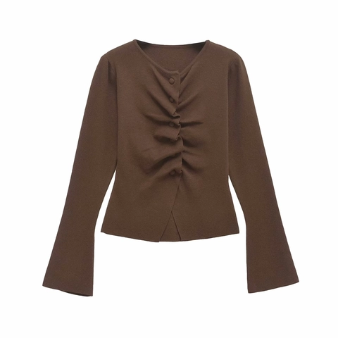 Women's Slim Fit Ruched Knit Cardigan Round Neck Long Flare Sleeve Button Down Sweater Casual Solid Color Brown Top