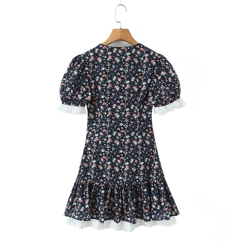 Franse Stijl Bloemen Mini Jurk Vierkante Hals Pofmouwen Kant Splicing A-Lijn Korte Jurk Voor Vrouwen Elegant Zomer Outfit