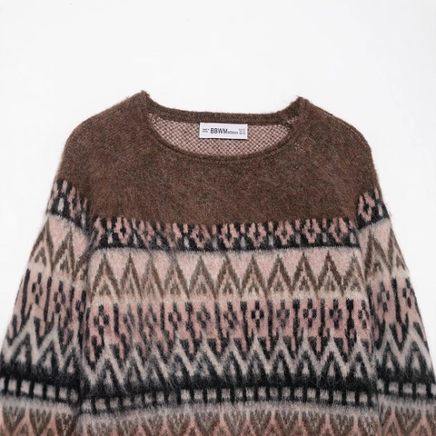 Suéter de Punto Jacquard Geométrico Retro para Mujer Vintage Cuello Redondo Pullover Suelto Manga Larga Suave Cálido Invierno