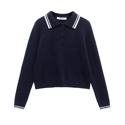 Dames Casual Gebreide Polo Trui Contraststreep Lange Mouw Slim Fit Pullover Preppy Stijl Gebreide Kleding Mode Herfst Winter Top