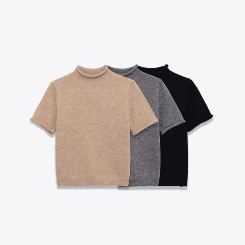 Suéter de Punto Casual para Mujer Cuello Alto Manga Corta Jersey Color Sólido Ajuste Estrecho Primavera Otoño