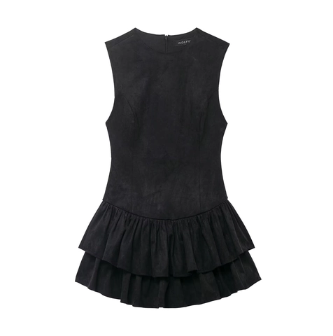 Women Sleeveless Round Neck Faux Suede A-Line Dress Tiered Ruffle Hem Black Solid Mini Dress Fashion Casual Short Dress
