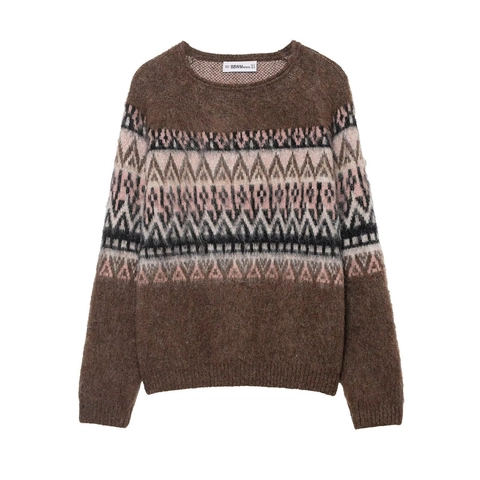 Suéter de Punto Jacquard Geométrico Retro para Mujer Vintage Cuello Redondo Pullover Suelto Manga Larga Suave Cálido Invierno