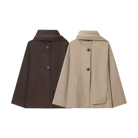 Abrigo Corto de Lana a la Moda para Mujer Con Bufanda a Juego Botonadura Sencilla Color Sólido Chaqueta Minimalista