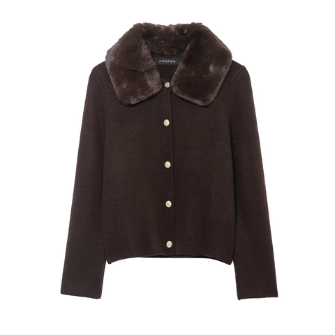 Women European Style Faux Fur Collar Knit Jacket Loose Solid Color Long Sleeve Cardigan With Embossed Gold Buttons Coat