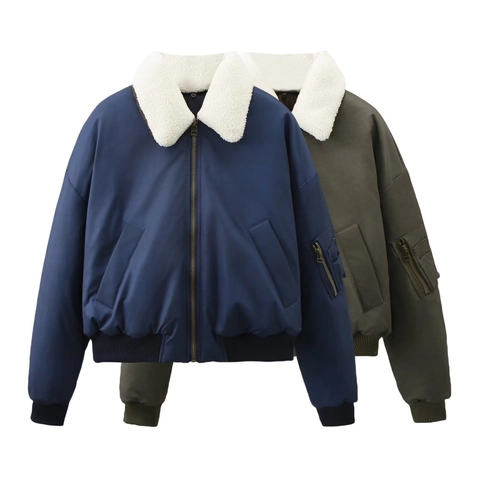 Women Vintage Bomber Jacket With Detachable Faux Fur Collar Padded Winter Flight Coat Casual Solid Color Long Sleeve Zip Jacket