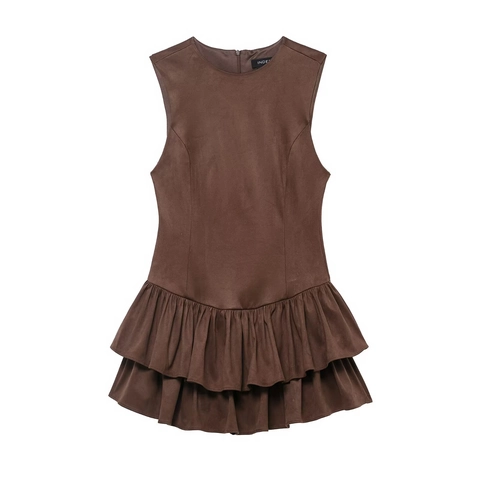 Women Sleeveless Round Neck Tiered Ruffle Mini Dress Suede Texture Solid Color Sexy Party Evening Chic Bodycon Short Dress
