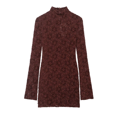 Dames Elegante Wijnrode Kant Mini Jurk Lange Mouwen Opstaande Kraag Slim Fit A-Lijn Feest Avond Clubwear Korte Jurk