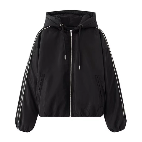 Women Casual Hooded Padded Jacket Contrast Stripes Long Sleeve Zipper Puffer Coat Warm Winter Streetwear Outerwear