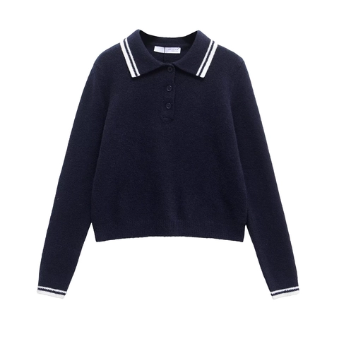 Women Contrast Stripe Knit Polo Sweater Long Sleeve Navy Blue Pullover Preppy Style Autumn Winter Commuter Knitwear Top