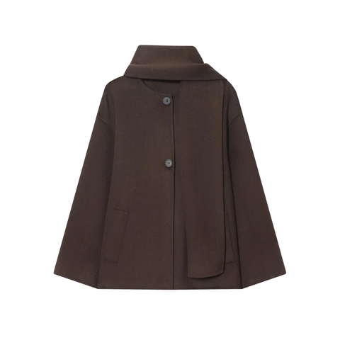 Abrigo Corto de Lana a la Moda para Mujer Con Bufanda a Juego Botonadura Sencilla Color Sólido Chaqueta Minimalista