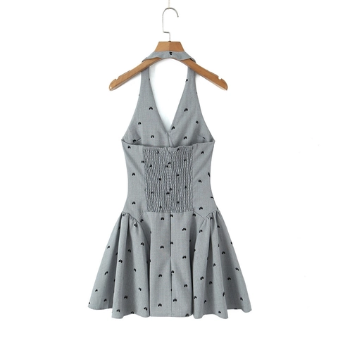 French Vintage Grey Halter Dress 3D Rose Flocked Bowknot Print Stretchy Polyester Mini A-Line Party Dress For Women