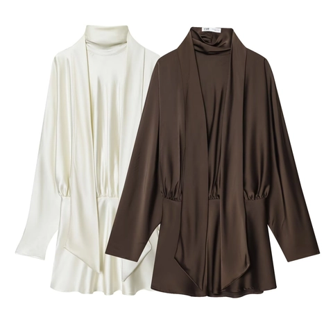 Elegante Vestito Mini in Satin da Donna con Collo Alto e Dettaglio Sciarpa Maniche Lunghe Vita Alta Arricciato Party Abito