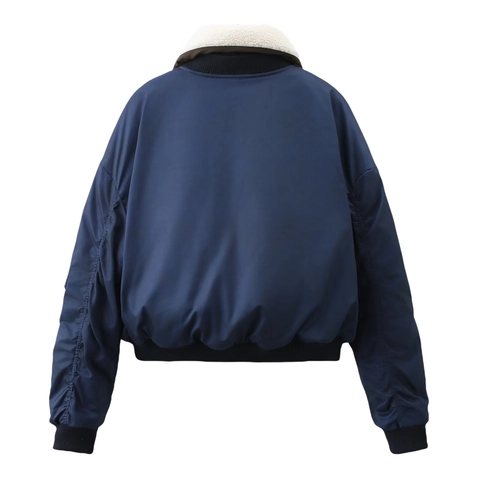 Women Vintage Bomber Jacket With Detachable Faux Fur Collar Padded Winter Flight Coat Casual Solid Color Long Sleeve Zip Jacket