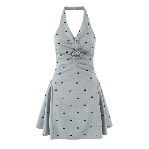 French Vintage Grey Halter Dress 3D Rose Flocked Bowknot Print Stretchy Polyester Mini A-Line Party Dress For Women