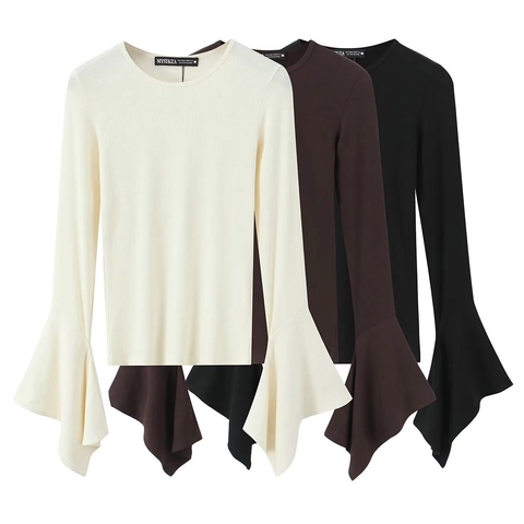 Dames T-Shirt Met Lange Mouwen Ribgebreid Elegant Klokmouwen Ronde Hals Slim Fit Casual Effen Kleur Top Voor Herfst Winter