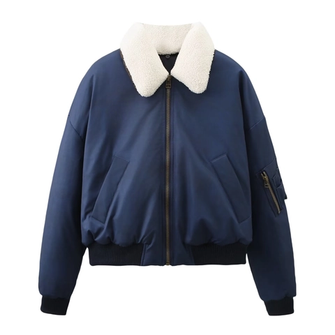Women's Casual Distressed Bomber Jacket With Faux Fur Collar Thick Padded Warm Winter Coat Zip Up Ribbed Trim Outerwear