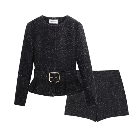 Traje de Mujer Elegante Chaqueta Peplum de Tweed Y Pantalones Cortos Vintage Chaqueta Y Pantalones de Oficina Con Cinturón Hebilla Dorada