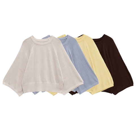 Suéter de Punto Holgado Informal para Mujer Cuello Redondo Manga Murciélago Top Corto Color Sólido Mezcla de Algodón