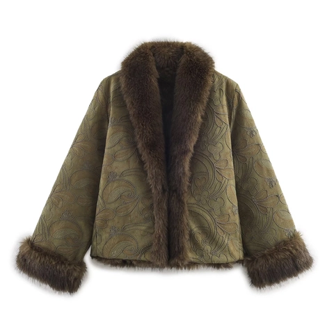 Giacca da Donna Vintage in Finta Scamosciata con Ricamo Collo e Polsini in Pelliccia Sintetica Cappotto Corto Invernale Ricamato Paisley