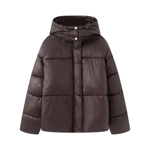 Veste Rembourrée Décontractée à Capuche pour Femme Marron Café Manteau d'Hiver Matelassé avec Fermeture Éclair et Boutons