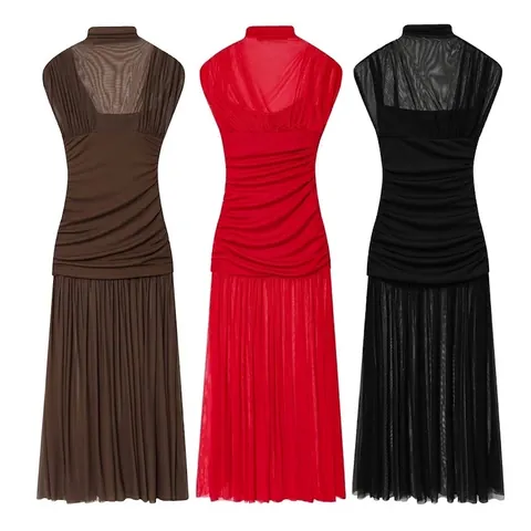 Elegant Women Mesh Stitching Ruched Sleeveless Maxi Dress Stand Collar Slim Fit Party Banquet Evening Polyester Long Dress