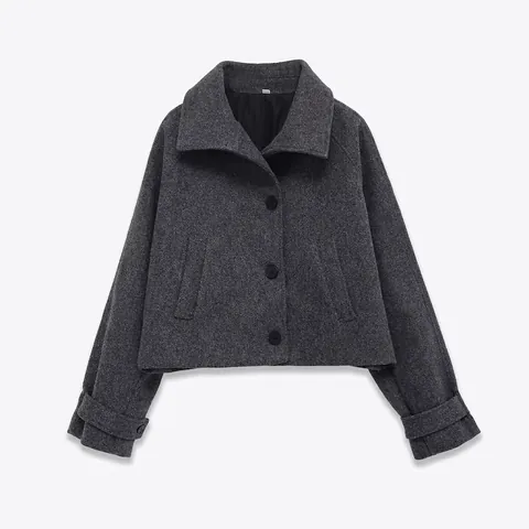 Damen Gekürzter Grabenmantel Dunkelgrau Wollige Optik Polyester Jacke Revers Langarm Einreihig Lässig Mode Oberbekleidung
