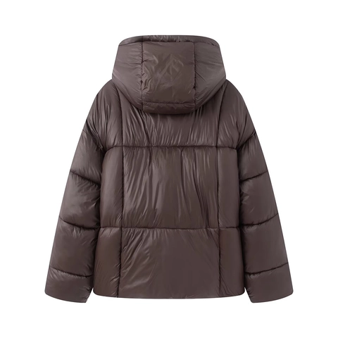 Veste Rembourrée Décontractée à Capuche pour Femme Marron Café Manteau d'Hiver Matelassé avec Fermeture Éclair et Boutons