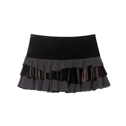 Damen Elegant Samt Satin Patchwork Gestufter Rüschen Minirock Hohe Taille Seitlicher Reißverschluss Schlanke Passform Rock