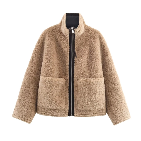 Giacca da Donna in Montone Sintetico Collo in Piedi Cappotto in Pile Caldo Largo Streetwear Inverno Cerniera con Grandi Tasche