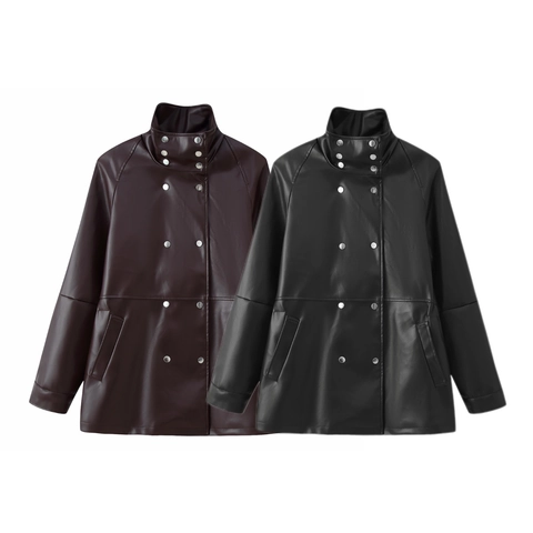Dames Mode Double Breasted Kunstlederen Jas Slim Fit Opstaande Kraag Half Lang PU Leren Bovenkleding Jas Effen Kleur