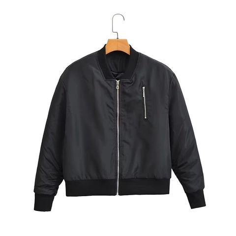 Women Casual Solid Black Bomber Jacket Ribbed Hem Stand Collar Zipper Windproof Loose Outerwear Jacket Top