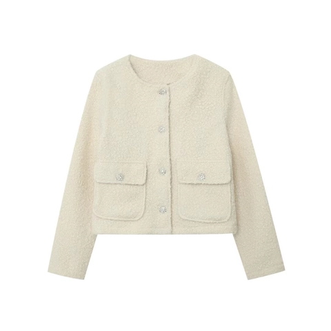 Chaqueta Elegante de Vellón Sherpa para Mujer Vintage Cuello Redondo Botón de Strass Abrigo Corto Color Sólido Casual Cálido Otoño Invierno