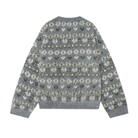 Suéter de Punto Nordic Fair Isle para Mujer Vintage Gris Jacquard Copo de Nieve Corazón Cuello Redondo Manga Larga Invierno Cálido