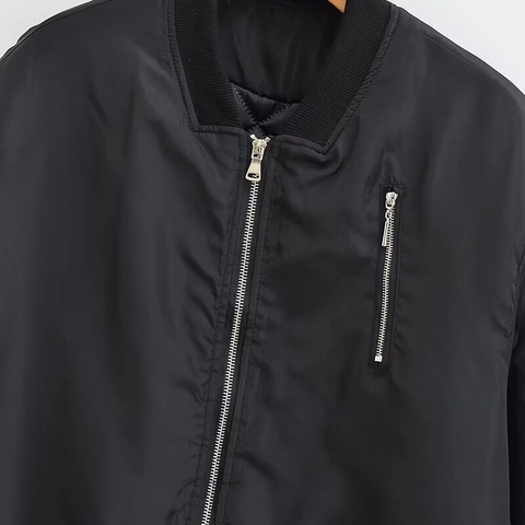 Women Casual Solid Black Bomber Jacket Ribbed Hem Stand Collar Zipper Windproof Loose Outerwear Jacket Top