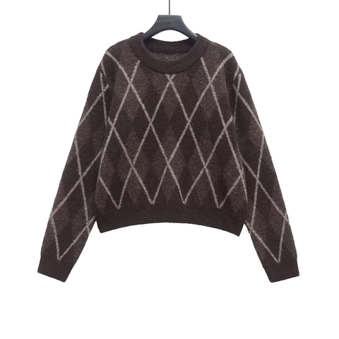 Suéter de Punto Argyle Vintage para Mujer Marrón Oscuro Cuello Redondo Manga Larga Pulóver Holgado Cálido Otoño Invierno