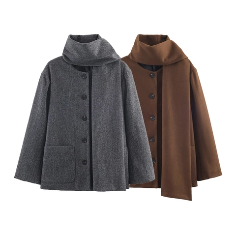 Modieuze Dames Oversized Mantel Met Wol-Look Sjaalkraag Single Breasted Polyester Halflange Winterjas Met Zakken
