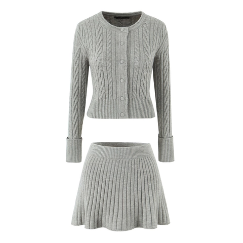 Conjunto De Falda Plisada Y Cárdigan De Punto De Ocho Para Mujer Cuello Redondo Botones Manga Larga Top Y Minifalda Traje