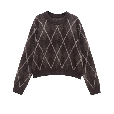 Women Vintage Argyle Knit Sweater Retro Preppy Style Long Sleeve Round Neck Pullover Fuzzy Contrast Color Sweater Tops