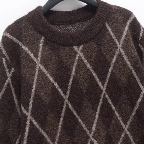 Suéter de Punto Argyle Vintage para Mujer Marrón Oscuro Cuello Redondo Manga Larga Pulóver Holgado Cálido Otoño Invierno