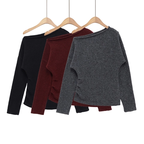 Women Off Shoulder Ruched Long Sleeve Knit Sweater Asymmetric Slash Neck Solid Color Loose Pullover Top Winter Fashion