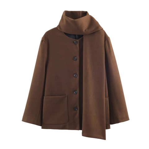 Modieuze Dames Oversized Mantel Met Wol-Look Sjaalkraag Single Breasted Polyester Halflange Winterjas Met Zakken