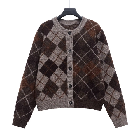 Vintage Argyle Knit Cardigan Women Round Neck Single Breasted Long Sleeve Sweater Jacket Ribbed Trim Casual Retro Top