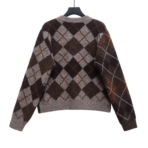 Women Vintage Argyle Knit Cardigan Sweater Round Neck Long Sleeve Button Up Fuzzy Plaid Knitted Top Outerwear